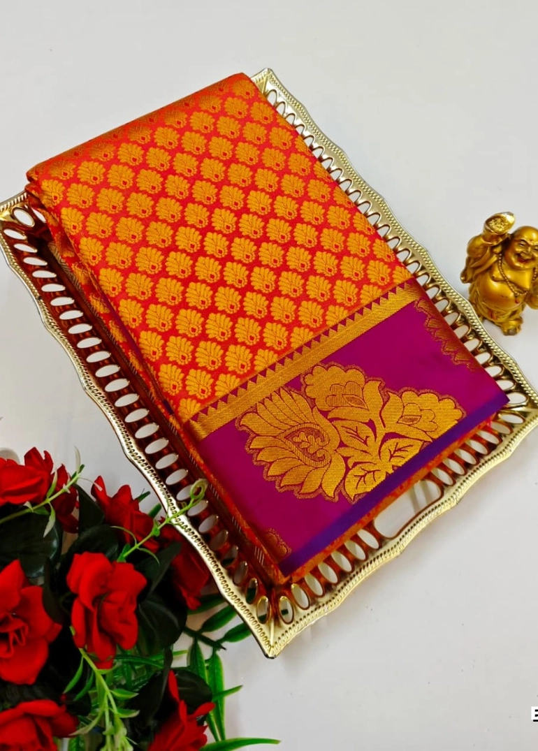 Bridal silk gold silvar and copper zari weave and wedding art silk sarees - orange